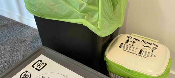 General, recycle and food waste bins with eco-friendly compostable bin liners